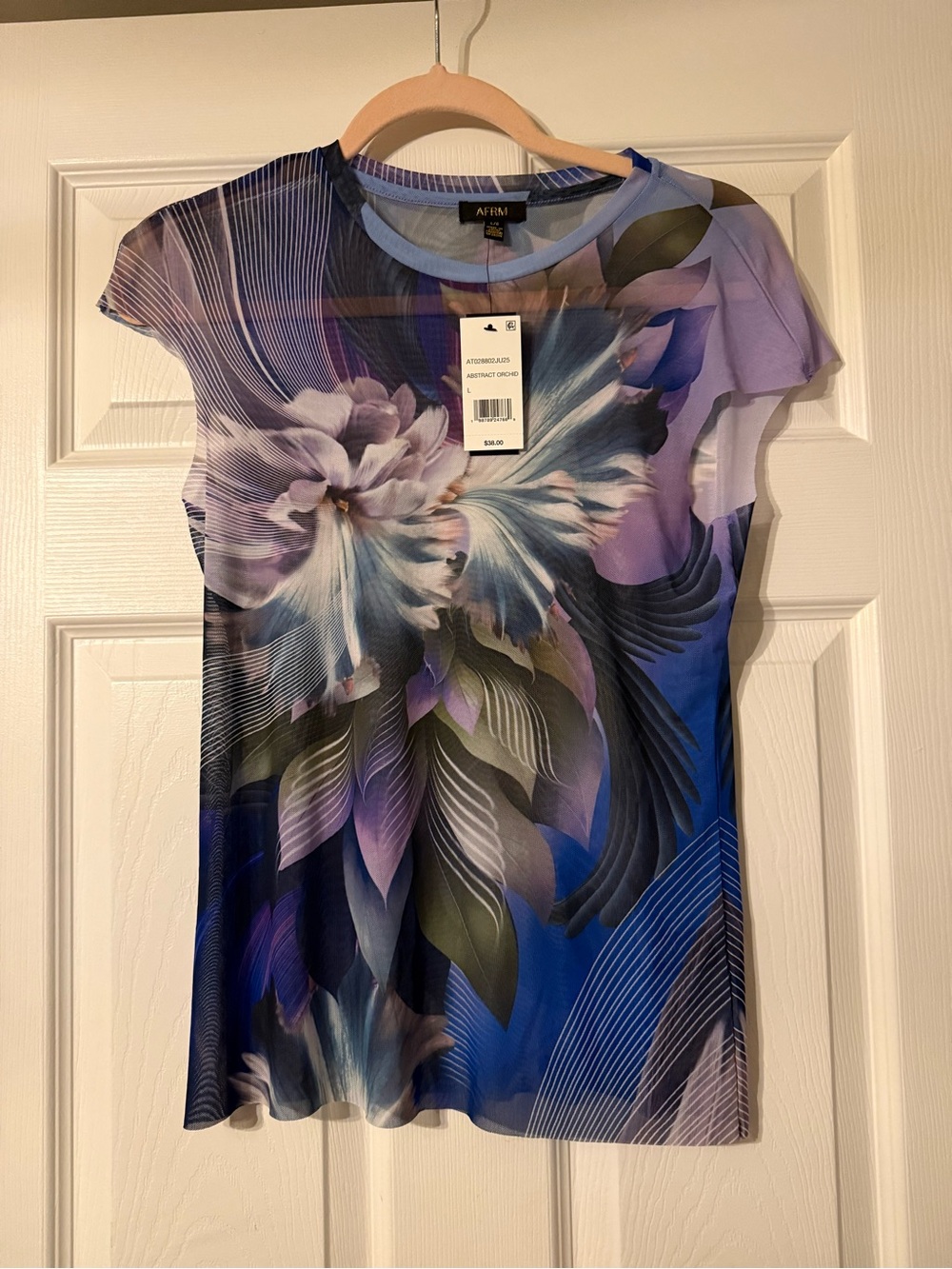 NWT Floral Sheer Short-Sleeve Women's Top in Blue & Purple